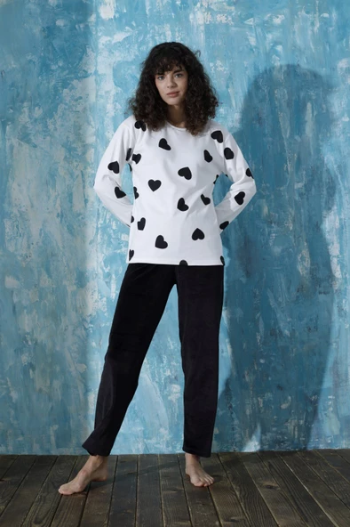 Kadın Bisiklet Yaka Düşük Omuz İnterlok Pamuklu Üst Kadife Alt Kışlık Pijama Eşofman Takım - 4