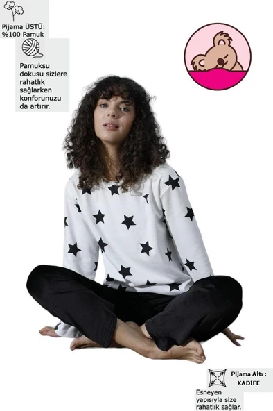 Kadın Bisiklet Yaka Düşük Omuz İnterlok Pamuklu Üst Kadife Alt Kışlık Pijama Eşofman Takım - 6