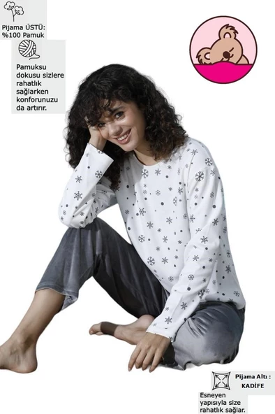 Kadın Bisiklet Yaka Düşük Omuz İnterlok Pamuklu Üst Kadife Alt Kışlık Pijama Eşofman Takım - 10