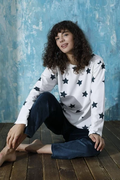 Kadın Bisiklet Yaka Düşük Omuz İnterlok Pamuklu Üst Kadife Alt Kışlık Pijama Eşofman Takım - 7