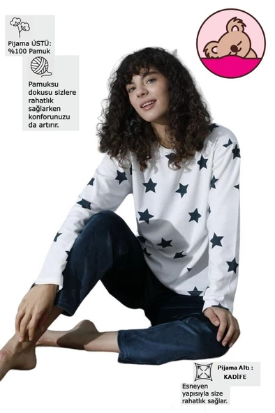 Kadın Bisiklet Yaka Düşük Omuz İnterlok Pamuklu Üst Kadife Alt Kışlık Pijama Eşofman Takım - 9