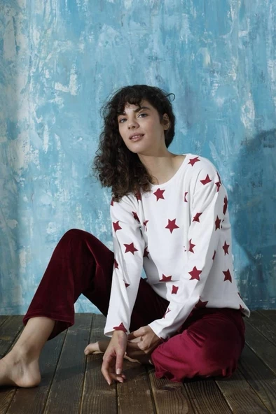 Kadın Bisiklet Yaka Düşük Omuz İnterlok Pamuklu Üst Kadife Alt Kışlık Pijama Eşofman Takım - 2