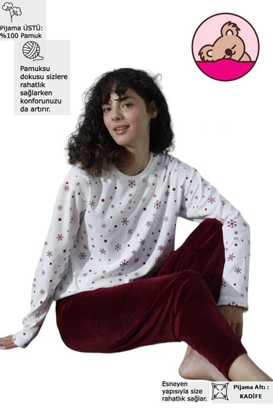 Kadın Bisiklet Yaka Düşük Omuz İnterlok Pamuklu Üst Kadife Alt Kışlık Pijama Eşofman Takım - 8