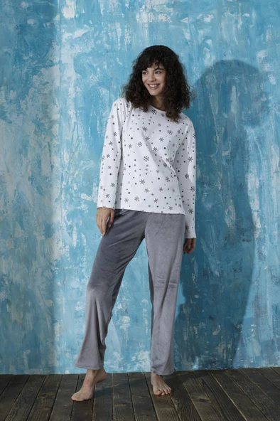 Kadın Bisiklet Yaka Düşük Omuz İnterlok Pamuklu Üst Kadife Alt Kışlık Pijama Eşofman Takım - 12