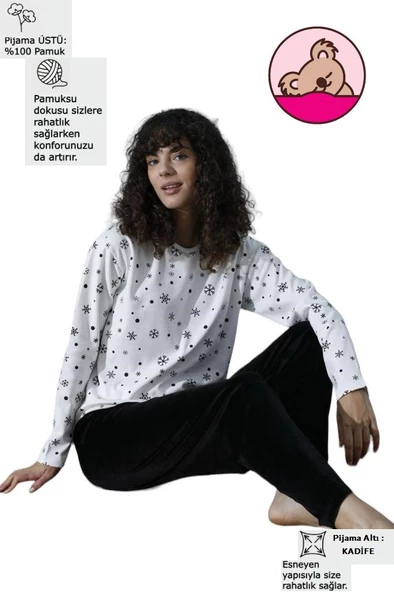 Kadın Bisiklet Yaka Düşük Omuz İnterlok Pamuklu Üst Kadife Alt Kışlık Pijama Eşofman Takım - 5