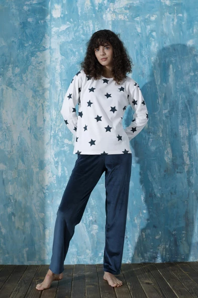 Kadın Bisiklet Yaka Düşük Omuz İnterlok Pamuklu Üst Kadife Alt Kışlık Pijama Eşofman Takım - 11