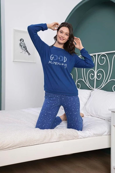 Kadın Bisiklet Yaka Kışlık Termal Cepli Bilek Manşetli/Lastikli Pijama Takımı - 4