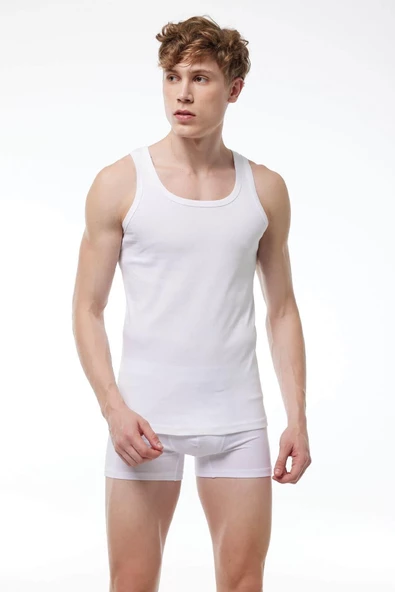 Malabadi 034 - 2 Li Erkek Beyaz %100 Pamuk Ribana Atlet - Resim 2