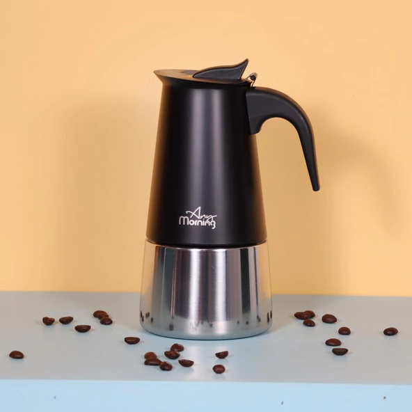 Any Morning FE001-6 Espresso Kahve Makinesi Paslanmaz Çelik İndüksiyonlu Moka Pot 300 Ml Siyah