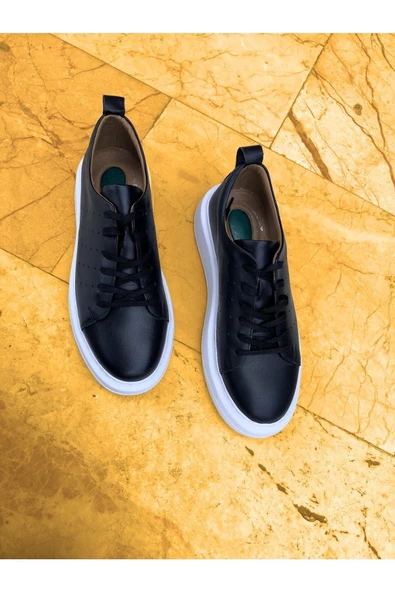 Hakiki Deri Siyah Beyaz Yüksek Tabanlı Ortopedik Sneaker - 2