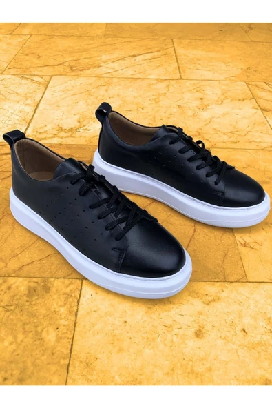 Hakiki Deri Siyah Beyaz Yüksek Tabanlı Ortopedik Sneaker - 3