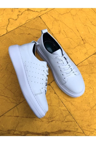 Hakiki Deri Siyah Beyaz Yüksek Tabanlı Ortopedik Sneaker - 5