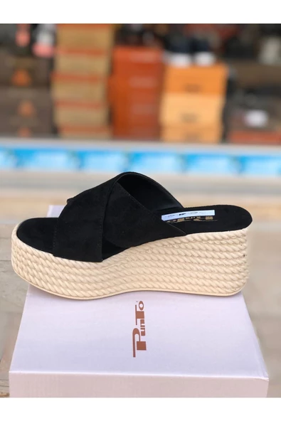 Dolgu Hasır Topuk Terlik Süet Siyah Nude - Resim 2