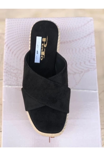 Dolgu Hasır Topuk Terlik Süet Siyah Nude - Resim 3