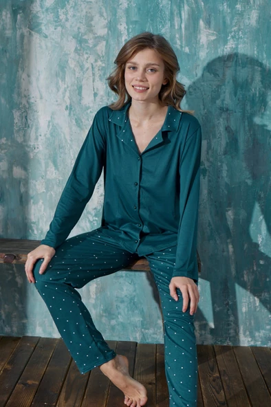 Kadın Gömlek Yaka Önden Düğmeli Mevsimlik Uzun Kol Milan Pijama Takımı - 3