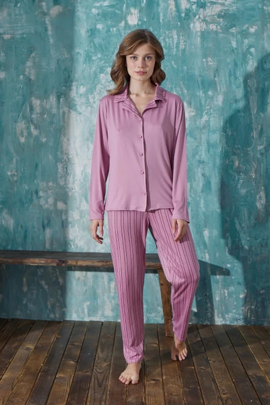Kadın Gömlek Yaka Önden Düğmeli Mevsimlik Uzun Kol Milan Pijama Takımı - 9