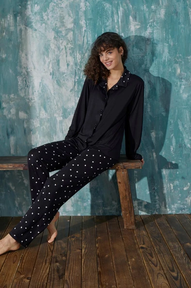 Kadın Gömlek Yaka Önden Düğmeli Mevsimlik Uzun Kol Milan Pijama Takımı - 11