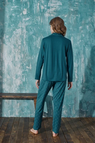 Kadın Gömlek Yaka Önden Düğmeli Mevsimlik Uzun Kol Milan Pijama Takımı - 5