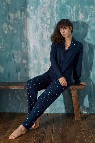 Kadın Gömlek Yaka Önden Düğmeli Mevsimlik Uzun Kol Milan Pijama Takımı - 6