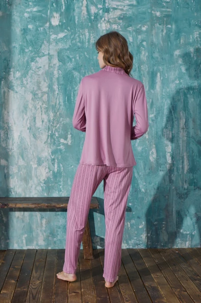 Kadın Gömlek Yaka Önden Düğmeli Mevsimlik Uzun Kol Milan Pijama Takımı - 7