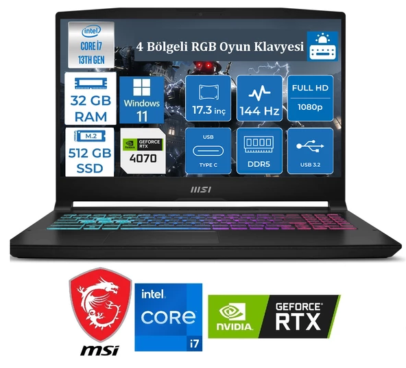 MSI KATANA 17 i7 13620H 32GB 512GB SSD RTX4070(105W) 8GB WIN11H 17.3" FHD B13VFK1030XTRWH05+ZETTAÇNT