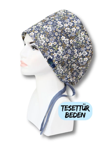 Tesettür Beden Bahar Çiçekleri Mavi Cerrahi Bone Doktor Hemşire Sağlıkçı Hastane Bonesi