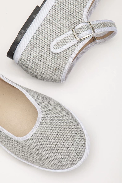 Gri Keten Toka Detaylı Düz Taban Kadın Balerin Babet - 4