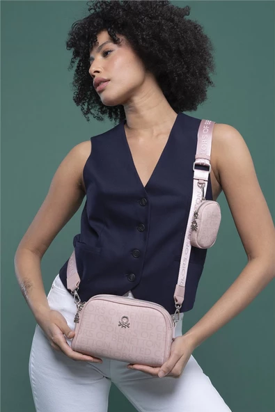 Benetton Pudra Monogram Eskitme Kadın Çapraz Çanta BNT 1278 - Resim 2