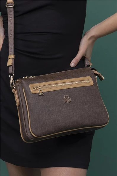 Benetton Kahverengi Eskitme Monogram Kadın Çapraz Çanta BNT 1276 - Resim 3