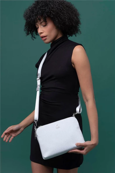 Benetton Beyaz Monogram Eskitme Kadın Çapraz Çanta BNT 1275 - 2