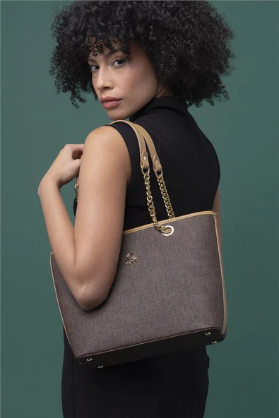 Benetton Kahverengi Eskitme Monogram Kadın Kol Çantası BNT 1279 - 3