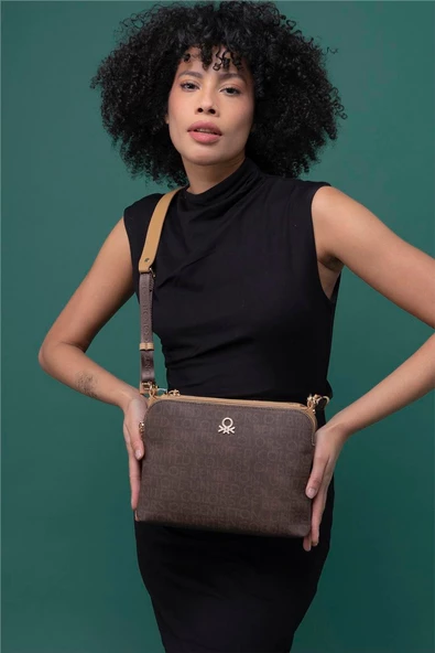 Benetton Kahverengi Monogram Eskitme Kadın Çapraz Çanta BNT 1275 - 2