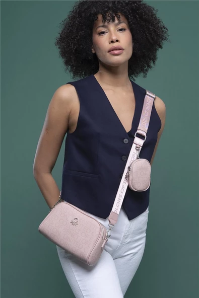Benetton Pudra Monogram Eskitme Kadın Çapraz Çanta BNT 1278 - Resim 3