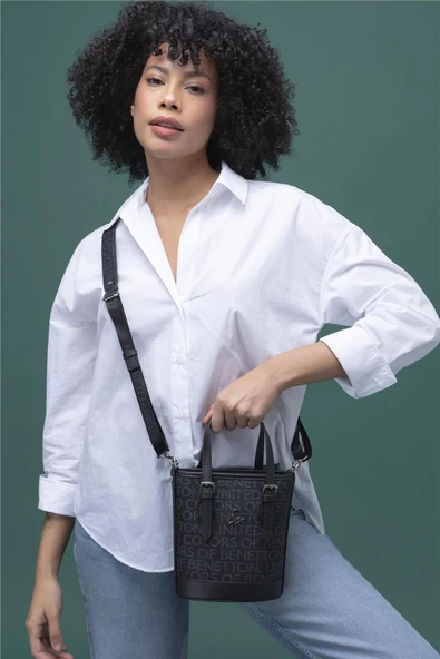 Benetton Siyah Monogram Eskitme Kadın Küçük El Çantası BNT 1329 - Resim 3