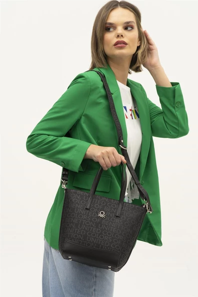 Benetton Siyah Monogram Eskitme Kadın El Çantası BNT 1331 - 3