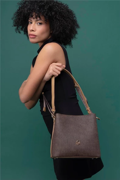 Benetton Kahverengi Monogram Eskitme Kadın Çapraz Çanta BNT 1298 - 2