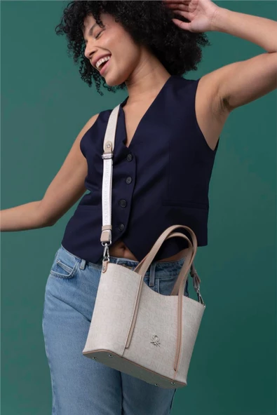 Benetton Bej Monogram Eskitme Kadın El Çantası BNT 1317 - 3