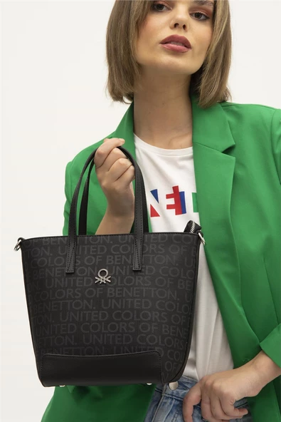 Benetton Siyah Monogram Eskitme Kadın El Çantası BNT 1331 - 2