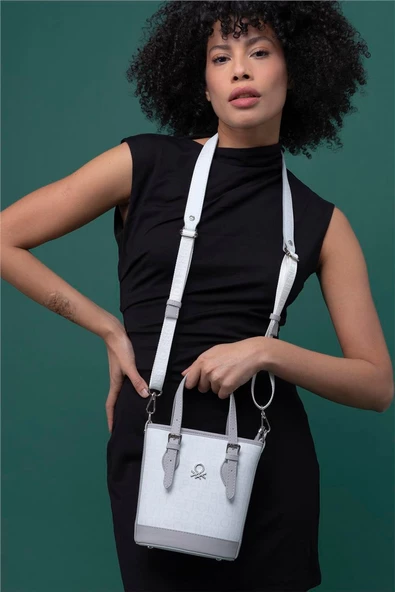 Benetton Beyaz Monogram Eskitme Kadın Küçük El Çantası BNT 1329 - 2