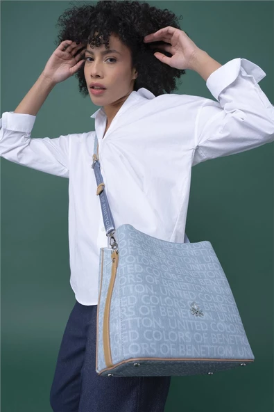 Benetton Mavi Monogram Eskitme Kadın Çapraz Çanta BNT 1298 - 2
