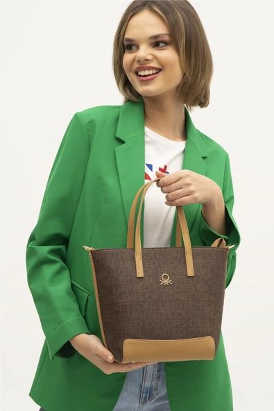 Benetton Kahverengi Monogram Eskitme Kadın El Çantası BNT 1331 - 3