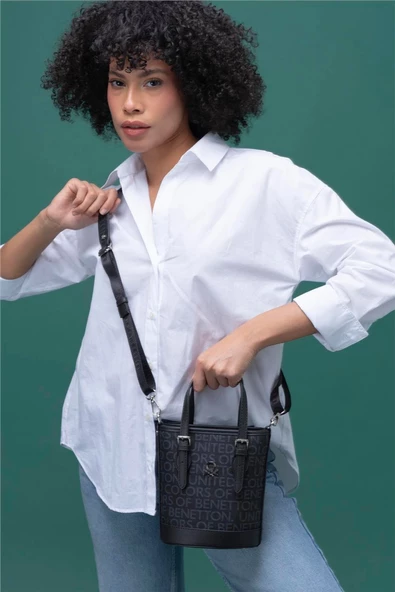Benetton Siyah Monogram Eskitme Kadın Küçük El Çantası BNT 1329 - Resim 2