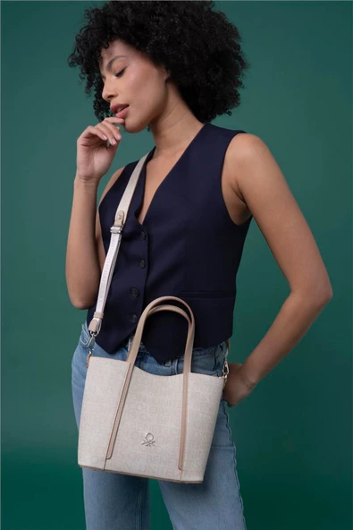 Benetton Bej Monogram Eskitme Kadın El Çantası BNT 1317 - 2