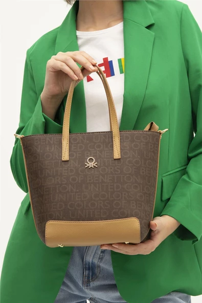 Benetton Kahverengi Monogram Eskitme Kadın El Çantası BNT 1331 - 2