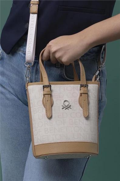 Benetton Bej Monogram Eskitme Kadın Küçük El Çantası BNT 1329 - 2