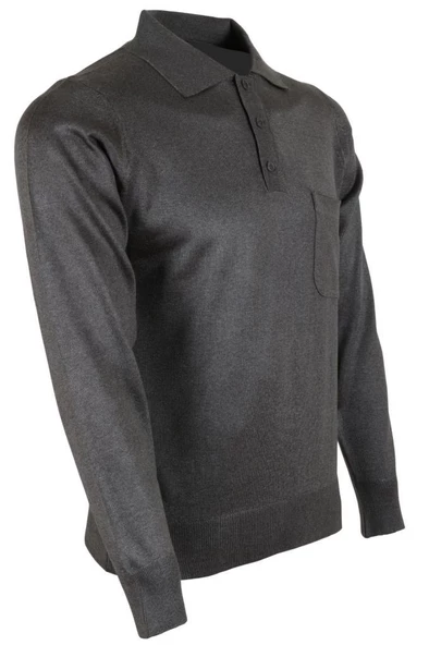 Erkek Gri Kazak Polo Yaka Yünlü Klasik Normal Kesim RAR00649 - 2