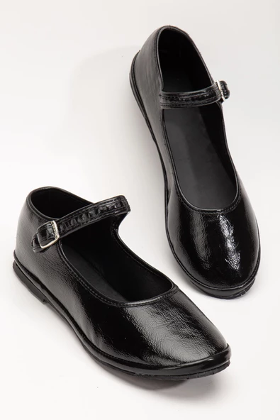 Siyah Cilt Toka Detaylı Düz Taban Kadın Balerin Babet - 2