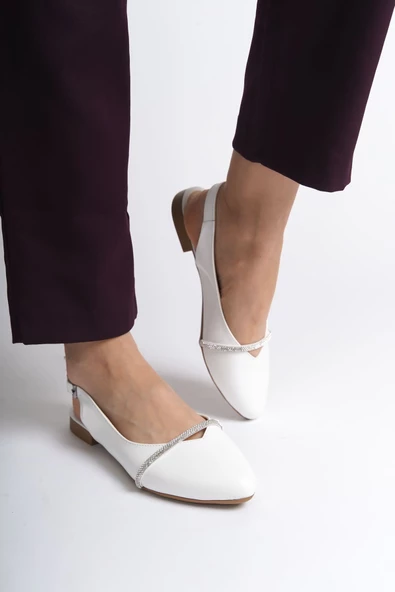 ALLISON Tokalı Ortopedik Rahat Taban Taş Detaylı Kadın Babet Ayakkabı KT Beyaz - 2