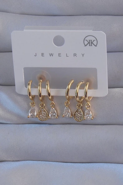 MuI MuI Pirinç Gold Renk Zirkon Taşlı Damla Model Çoklu Görünüm Yarım Halka Küpe