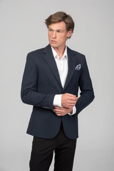 CEKMON Erkek Astarlı Çift Yırtmaçlı Örme Esnek Kumaşdan Yakası Ve Mendili Detaylı Klasik Ceket - 8